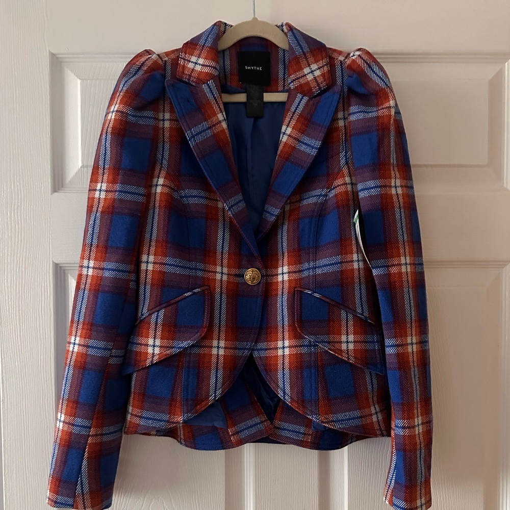 SMYTHE
Pouf Sleeve One Button Blazer in Carmine Plaid With Whiskey - Picture 2 of 8